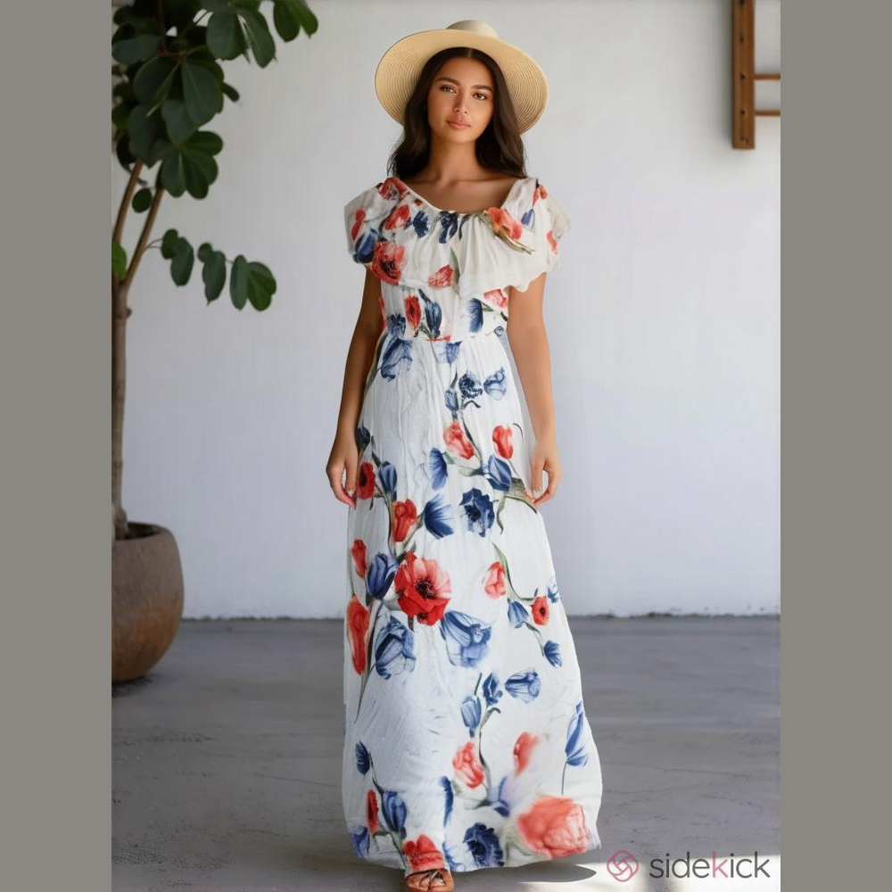 Yellow Star maxi dress - white with red & blue flowers - Large
